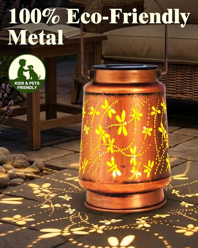 DIBIEECN 2 Pack Dragonfly Solar Lanterns Outdoor Waterproof, Garden Decor | Metal Hanging Lights, IP65 Waterproof, LED Decorative Lantern, Patio & Backyard, Birthday Gifts for Women, Mom & Grandma