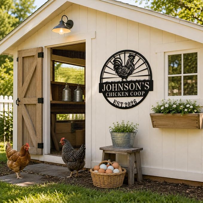 Personalized Chicken Coop Metal Sign Custom Farmhouse Name Plaque with Rooster Sunburst, Outdoor Hen House Wall Decor for Backyard Farmers and Chicken Lovers