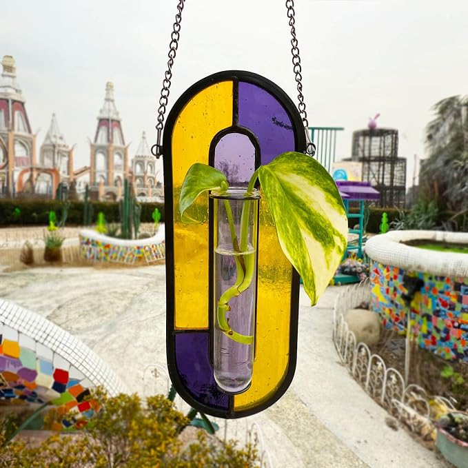 LITMIND Multi-Color Stained Glass Propagation Station - Handcrafted Translucent Suncatcher Planter with 2 Tubes, Hanging Hydroponic Decor for Windows & Garden, Indoor Outdoor Use, 7x2.5 Inches