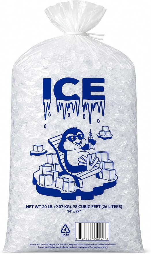 Ice Bag 20 lb 14" x 27" 250 Count | Twist Ties Included | Heavy Duty Storage Bags | Retail Sales, Parties, Camping & Food Cooling | LDPE Plastic Bags | Bits N Things