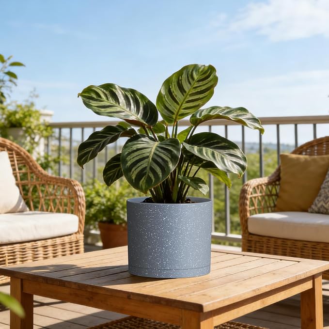 Plant Pots, 10/9/8 Inch 3 Pack Cylindrical Flower Pots with Drainage Holes and Saucers, Plastic Planters for Outdoor Indoor Plants,Grey with White Speckles