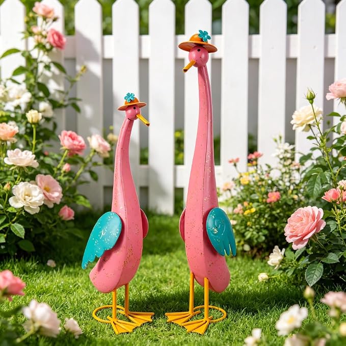 22" Duck Garden Statue Set of 2 Metal Ducks | Outdoor Yard Art Porch Animal Figurine Lawn Ornament Rustproof Yard Sculptures for Outside Patio Backyard Decorations