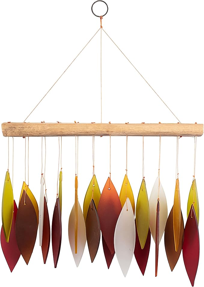 Blue Handworks Fall Leaves Glass & Driftwood Chime, Sandblasted Glass and Found Wood Handcrafted Wind Chime | Sandblasted Glass and Found Wood Handcrafted Wind Chime