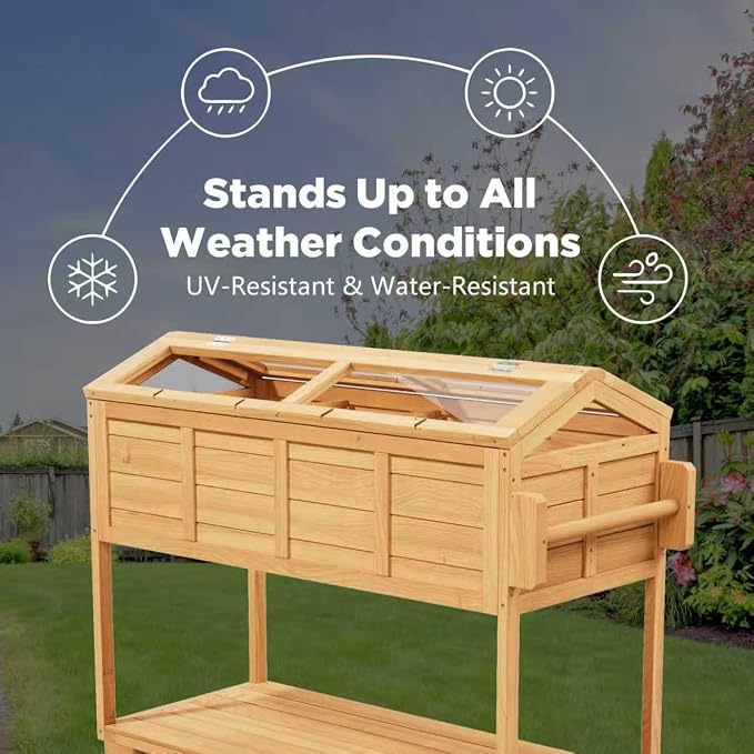 Raised Garden Beds on Wheels with Legs and Cover Elevated Garden Bed Herb Planter Box Cart Outdoor with Bed Liner,Storage Shelf,Seed Starter Tray for Backyard Patio Outside (Country Rustic)