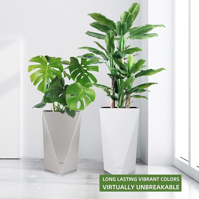 Dexceder 24 Inches Self Watering Tall Planter (White) | Diamond High Gloss, Thickened Rhombus Large Floor Standing Flower Plant Pot with Water Level Indicator Indoor Outdoor