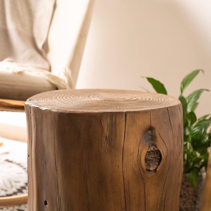 COSIEST 2 Pieses Outdoor Side Table, Hand-Painted Wood Stump Side Table Set of 2, Faux Wood Stool, Ottomans, Plant Stand, Deck or Garden (Black Walnut)