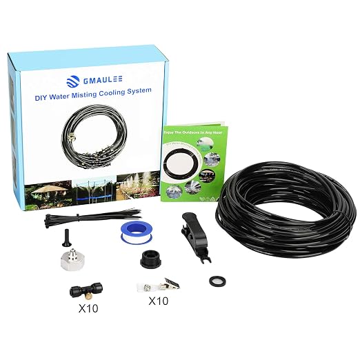 GMAULEE Misting Cooling System, DIY 33FT(10M) Misting Line +10 Brass Mist Nozzles+ a Brass Connector(3/4'') Outdoor Mister System for Patio Waterpark Garden Trampoline Greenhouse