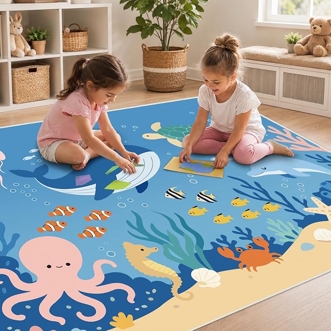 4x6 Ocean Area Rug for Kids Play Room Beach Whale Fish Rug Machine Washable Non-Slip Carpet for Nursery Living Room Bedroom Entryway Bedside