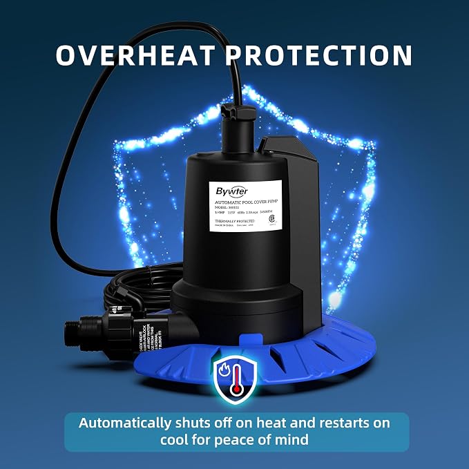 Automatic Pool Cover Pump, 1/4 HP, 1800 GPH, Check Valve, 25 FT Cord | 115V Nylon Pump Starts At 2 In And Stops At 3/8 In, Adapter Fits 3/4 In Garden Hose And 1-1/4 In Drain Hose, A Rope Included