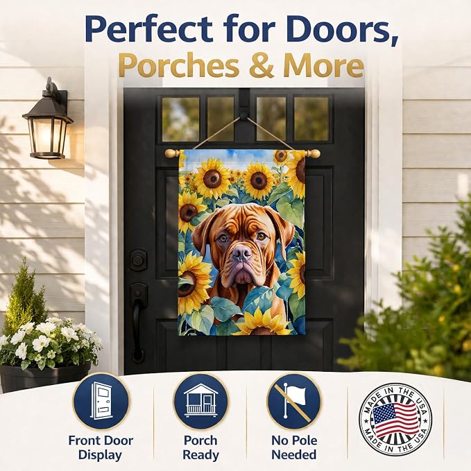 Caroline's Treasures DAC6069CHF Dogue de Bordeaux in Sunflowers House Flag Large Porch Sleeve Pole Decorative Outside Yard Banner Artwork Wall Hanging, Polyester, House Size, Multicolor