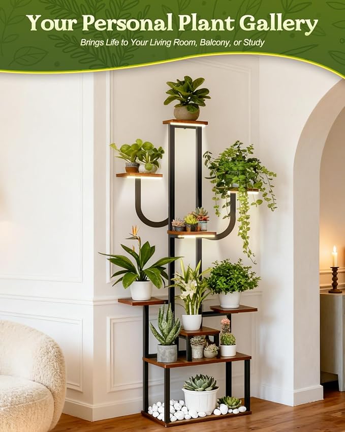 joyhalo Plant Stand Indoor with Grow Lights, 9 Tiered 65" Tall Indoor Plant Shelves for Multiple Plants, Lighted Corner Plants Stands with Adjustable Brightness & Timer for Home Decor