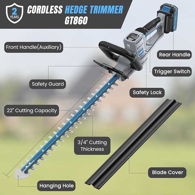 Hedge Trimmer Cordless 22" - 21V Powerful Electric Hedge Trimmer with 2 x 2.0Ah Batteries and Fast Charger, Easy to Use, 3200RPM Lightweight Battery Powered Bush Trimmers for Garden, Yard Care, GT860