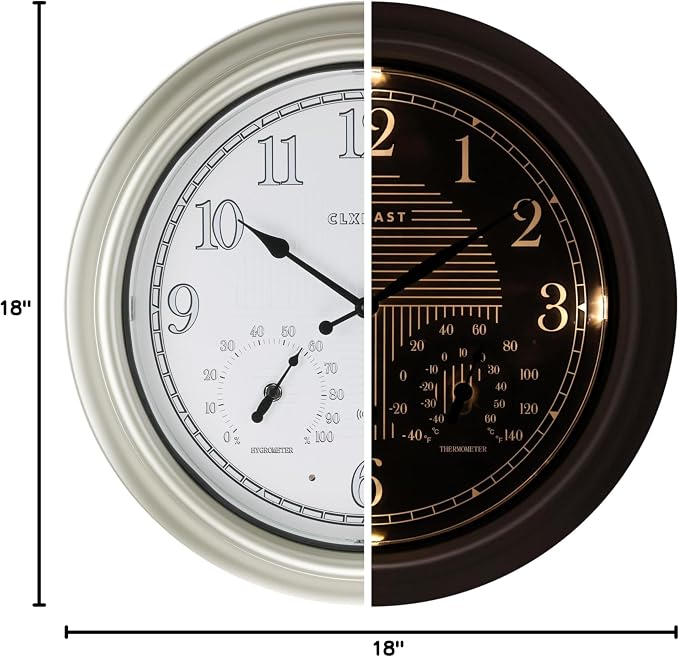 CLXEAST 18 Inch Illuminated Outdoor Indoor Atomic Analog Wall Clock with Temperature & Humidity Combo, Lighted Outdoor Clocks for Patio Large Waterproof with Thermometer, Modern Morning Silver/Gold
