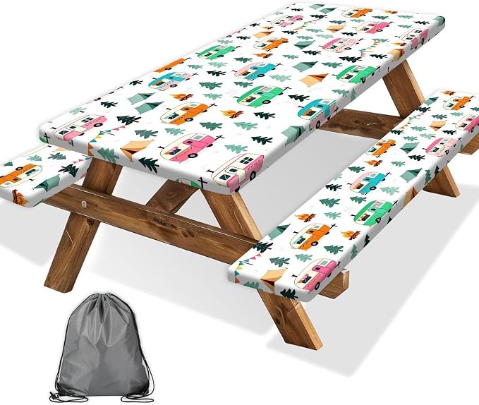 Camping Picnic Table Cover with Bench Covers Elastic Edges, Waterproof Windproof Outdoor RV Tablecloths with Drawstring Bag, Rectangle Tables and Seats Cover 30X96 inch