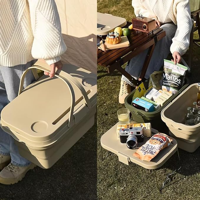 PicnicPro 2-in-1 Foldable Basket & Table Lightweight Collapsible Storage Organizer with Carrying Handle, Portable Picnic Basket with Tabletop, Space-Saving for Beach Camping Car Boot & Home