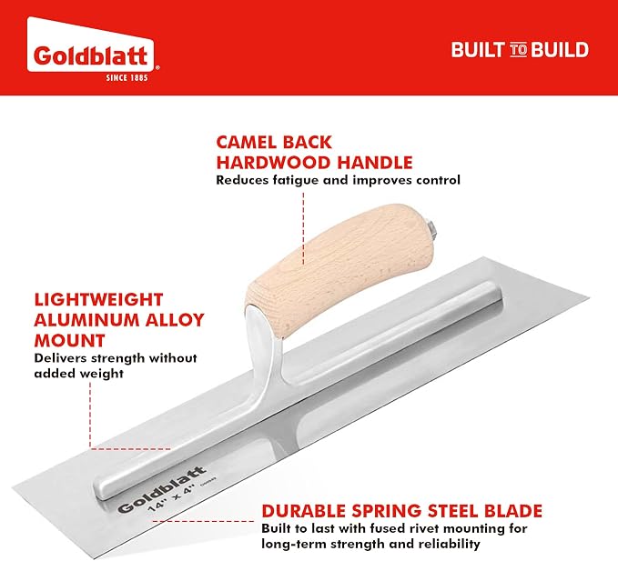 GOLDBLATT 14" x 4" Finishing Trowel, Polished Blade Concrete & Plaster Trowel with Smooth Wood Handle, Hand Trowel for Cement, Plaster, Stucco & Drywall Finishing