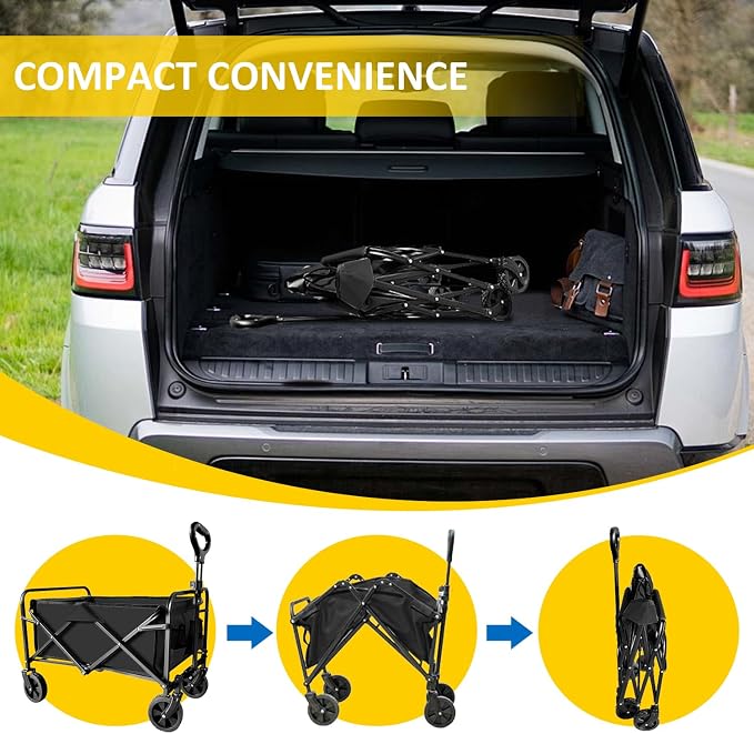 Collapsible Utility Cart Folding Wagon, 320lbs Capacity Lightweight Rolling Cart with Quiet Wheels, Quick-Fold Design for Camping, Shopping, Ourdoor Use,Black 2PCS