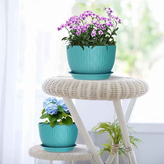 Meowell Large Plant Pots 12/10/9 inch, 3 Pack Big Flower Pots for Outdoor Indoor Plants with Water Ripples, Wide Plastic Planters with Drainage Holes and Saucers for Garden Home Decor, Blue Green