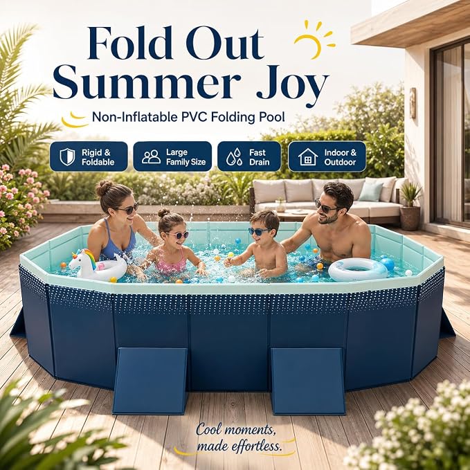 Non-Inflatable PVC Folding Swimming Pool Capacity Outdoor & Indoor Portable Pool for Patio, Garden, Yard, Adult & Family Summer Relaxation (112.59 Inch)