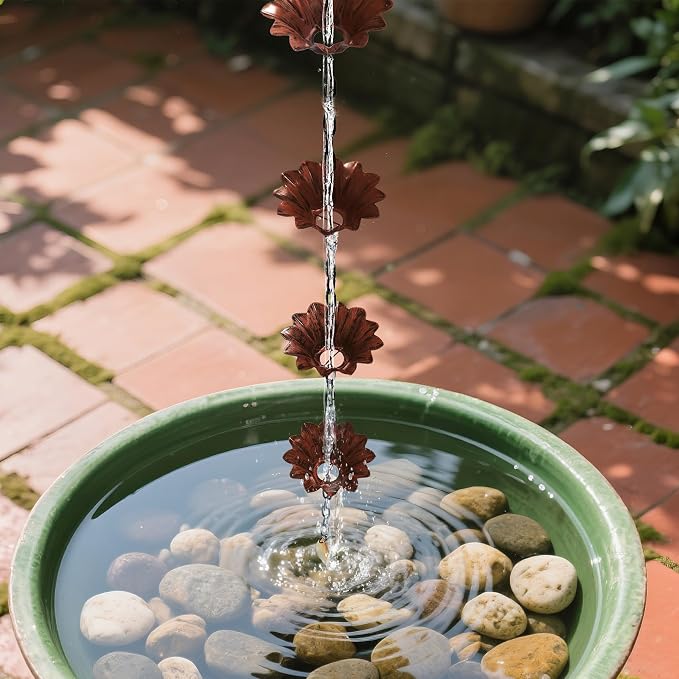 Rifachua 12 Cups Lotus Rain Chain for Gutters Downspouts Outside 8.5ft, Red Plated Lotus Rain Chain Cups, Functional and Decorative Replacement for Gutter Downspouts