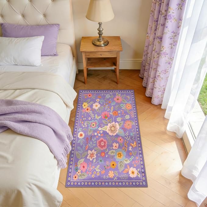 Floral Washable 2x4 Area Rugs Runner Entryway Hallway Purple/Pink | Flower Carpet, Print, Boho, Non-Slip, Easy to Clean, Low Pile, Soft, for Living Room Bedroom Kitchen Office Entrance