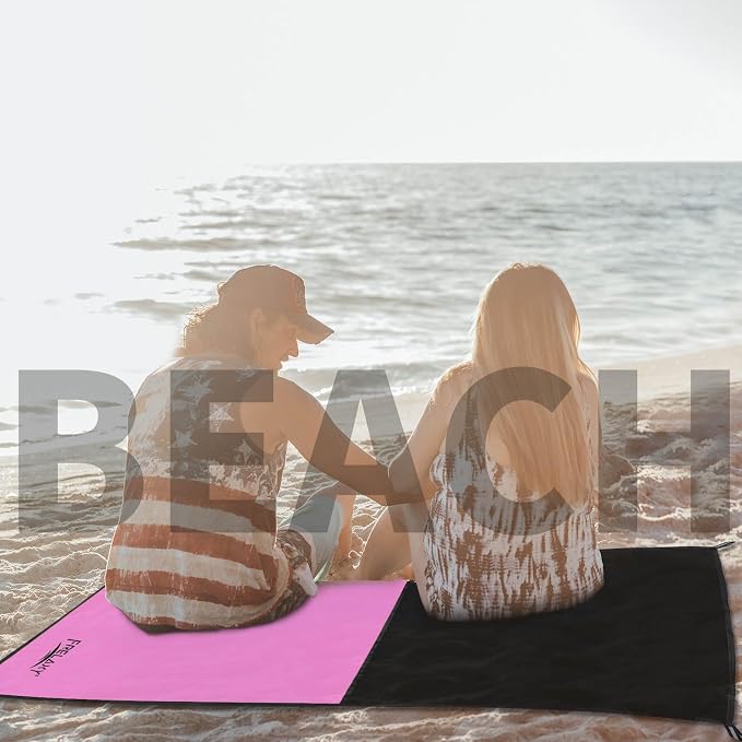 Frelaxy Pocket Picnic Blanket, Waterproof Sandproof Beach Mat, Compact Camping Tarp for Festivals, Hiking, Travel, Outdoor Recreation (Pink & Black, 28'' x 47'')