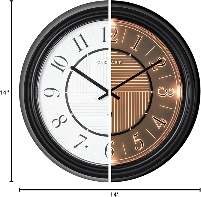 CLXEAST 14 Inch LED Illuminated Indoor Outdoor Atomic Analog Wall Clock Battery Operated, Glow in the Dark Wall Clock for Living Room, Home Office,Bathroom,Kitchen,Oil Rubbed Bronze Black Finish