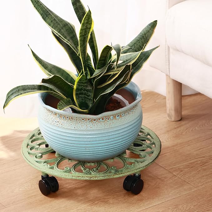 3 Packs 14 Inch Rolling Plant Stand with Wheels Metal Plant Caddy with Wheels Heavy Duty Round Plant Stand Indoor Iron Plants Rollers for Plants, Plant Dolly Retro Green