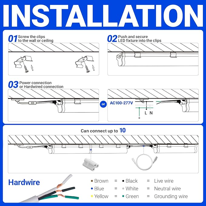 Barrina T5 3FT LED Shop Light, 1900lm, 5000K Daylight White, 16W Utility Light Fixture, Commercial Bay Light for Workshop Garage, Corded Electric with ON/Off Switch, 6 Packs
