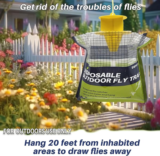 8 Pack Fly Traps Outdoor Hanging Disposable Fly Bags Trap, Effective Pre-Baited Flies Catcher, Flies Killer Bug Control for Patio, Yard, Chicken Coops, Horse Stables, Barns