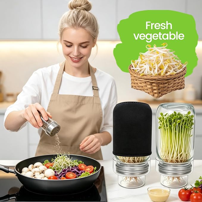 Sprouting Jar Kit, 2 Pack 32oz Wide Mouth Mason Jars | With Stainless Steel Sprout Lids, Glass Drip Covers, Blackout Sleeves - Complete Sprouts Growing Kit for Broccoli, Alfalfa