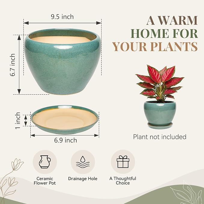 9.5 Inch Ceramic Plant Pot with Drainage Hole Mesh Net,Modern Gardening Pots for Indoor Plants with Saucer, Blue-Green