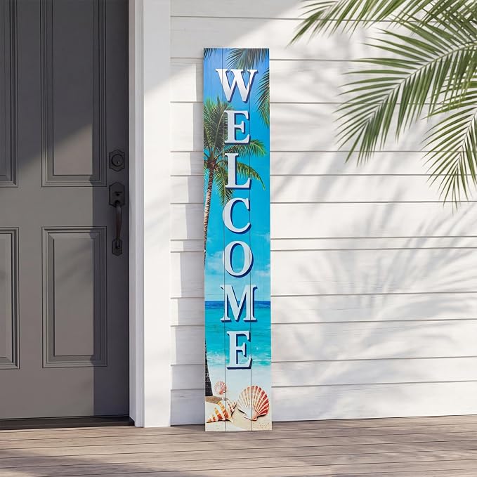 Vertical Wood Welcome Sign for Front Porch Vertical Decorative Sign Front Door Outdoor Indoor Welcome Sign 47.2x7.8 Inch Beach Shell Outdoor Decor for Welcome Front Porch Decorations.