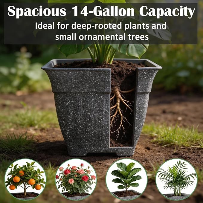 18" Large Square Planter for Plants - 4 Pack Imitation Cement Plastic Flower Pots with Drainage Holes & 2cm Raised Base, 14 Gal Decorative Stone Like Garden Pot, Retro Plant Container (15" Tall)