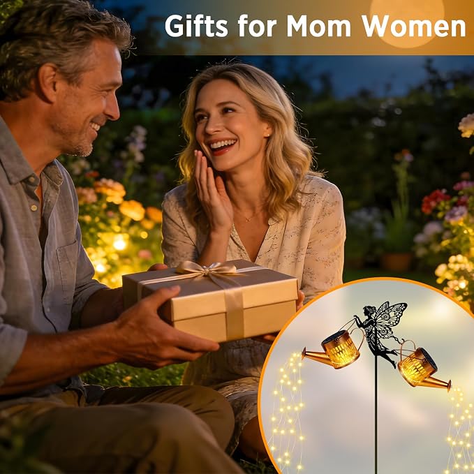 2 Pack Solar Watering Can Lights, Metal Solar Lights Outdoor Decorative with Fairy Silhouette Stake, Waterproof Hanging Lantern Garden Decor Light for Outside, Patio, Yard, Birthday Gifts for Women