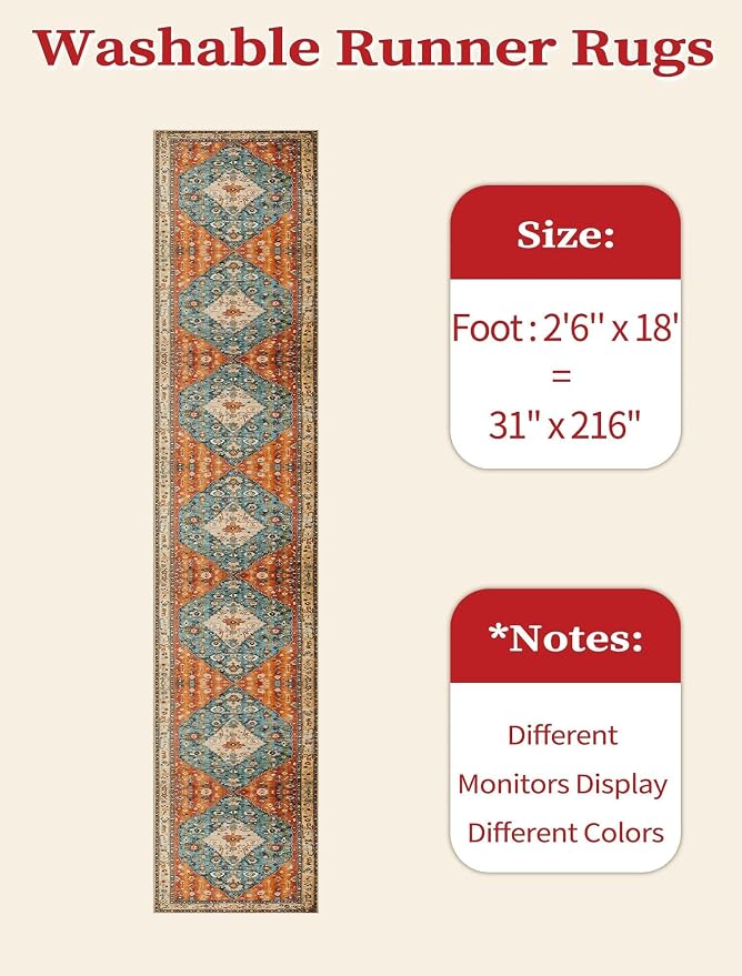 SERISSA 2'6"x18' Washable Non Slip Boho Runner Rug for Hallway | Ultra Soft Vintage Oriental Carpet Low-Pile Tribal Floor Carpet for Kitchen Bedroom Entryway Bathroom Laundry Room