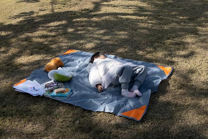 Orga'Neat Pocket Picnic Blanket, Beach Mat Waterproof Sandproof, Compact Lightweight Small Tarp for Camping, Hiking, Backpacking, Festival, Travel, Foldable in Bags (Grey/Orange, 55"x39")