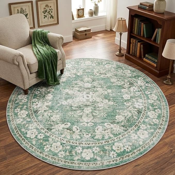 GarveeHome 5ft Washable Round Rug for Dining Room Vintage Bordered Carpet | Leaf Flower Floral Bedroom Throw Rug Distressed Botanical Non-Slip Low Pile Sage Green Area Rug for Living Room Office