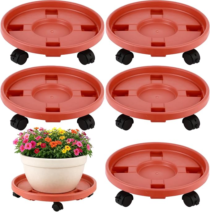 5-pack 13" Large Plant Caddy with Wheels Plastic Plant Dolly with Caster Flower Pot Mover Rollers Wheeled Rolling Plant Stands Round Plant Saucer Indoor Outdoor Base Coasters,Terracotta red