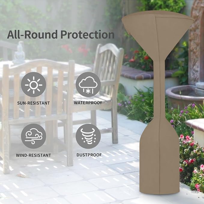 Easy-Going Stand-Up Patio Heater Cover with Zipper and Storage Bag, Waterproof Outdoor Heater Cover Dustproof, UV-Resisant, Wind-Resistant (95"H x 34"D x 19"B, Camel)