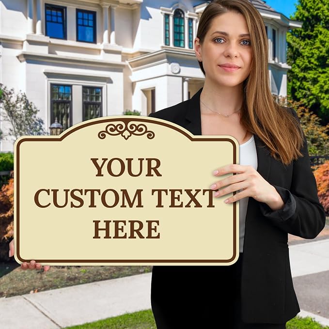 Custom Decorative Sign, Personalized Metal Sign for Business, Driveway, Home, Airbnb, Office Door Plaque, Brown Border Sign, 12x18 Inches, ACM, Fade Resistant, Made in USA by Sigo Signs