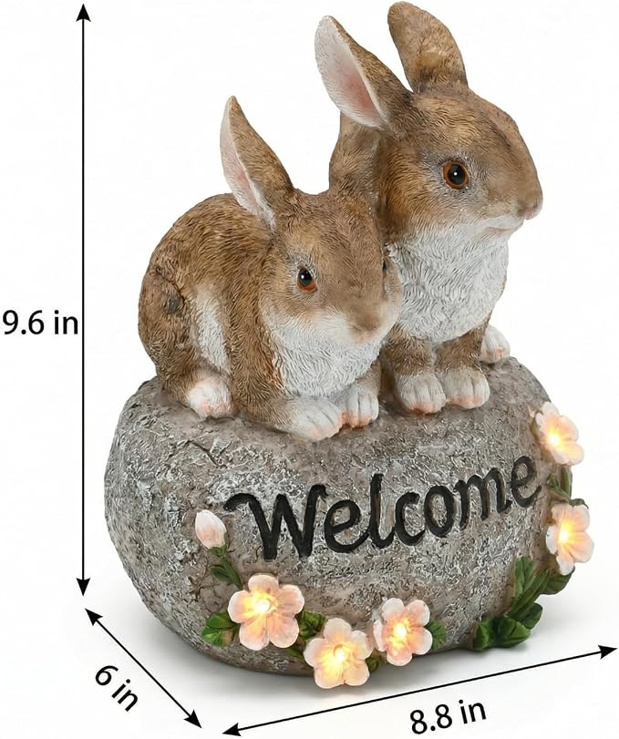 Solar Rabbit Garden Decor Outdoor Bunny Statue Welcome Sign Cute Resin Bunny Figurines for Yard Lawn Ornament Patio Porch Backyard Waterproof Decorative Gift for Women Bunny Lovers
