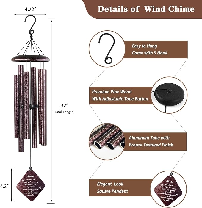 Sympathy Gifts for Loss of Grandfather, 32" Memorial Wind Chimes for Loss of Grandpa, Loss of Grandpa Sympathy Gift, Condolence Gifts in Memory of a Loved Grandpa