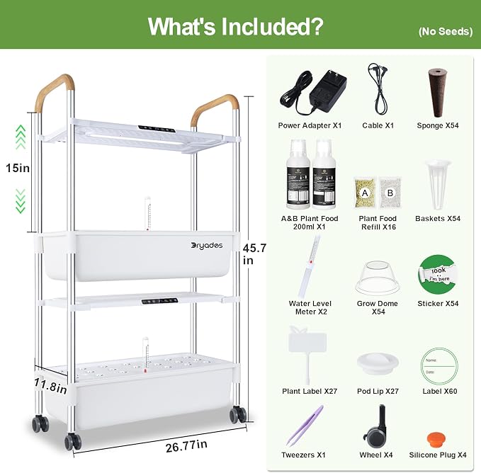 Indoor Hydroponic Growing System with 54 Pods Herbs Garden Kit with 30W Led Grow Light Large Movable 2-Layer Floor-Standing Hydroponic Gardening System for Vegetable Fruit