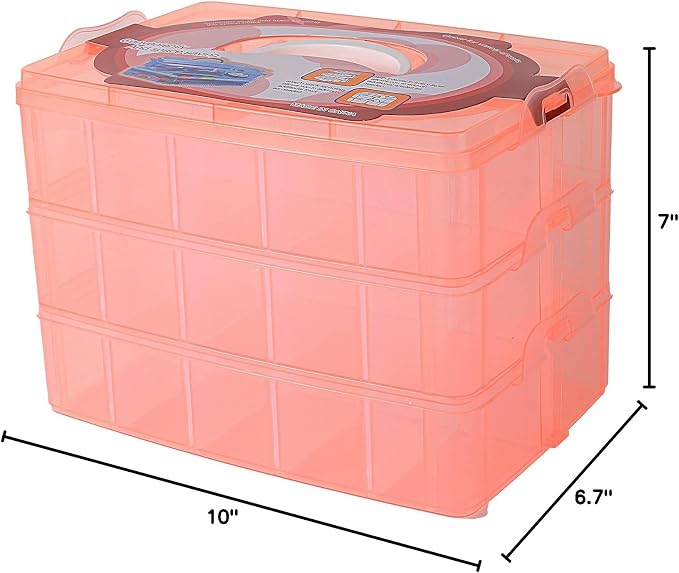 Sooyee Craft Storage Organizer, 3-Tier Plastic Sewing Box with Dividers, Storage Containers for Organizing Art Supplies, Fuse Beads, Washi Tape, Jewelry, Tool, Toy, Orange, 10"(L) x 6.7"(W) x 7"(H)