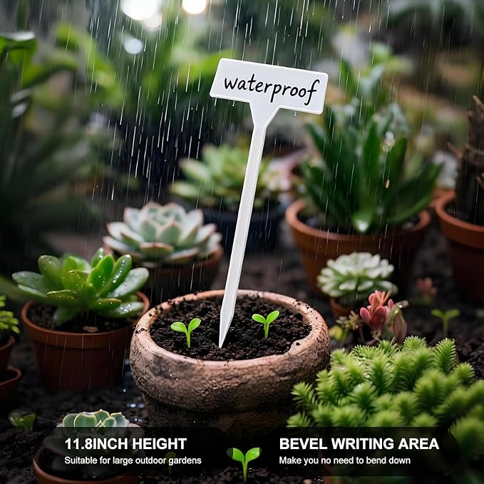 Mziart 30 Pack Large Plant Labels for Outdoor Garden Labels, Waterproof 12 Inch Tall T-Type Plastic Plant Tags Stakes Garden Markers for Herbs Flowers Vegetables, White