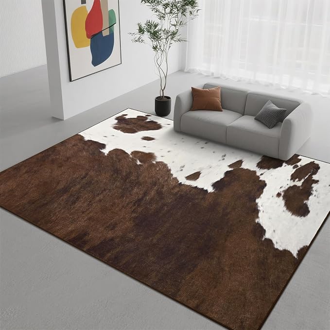 DweIke Cow Print Rug – 4x6 Faux Cowhide Carpet, Washable Soft Non-Slip Stain Resistant Animal Cow Hide Rugs for Living Room Bedroom Dining Room Office, Western Home Decor, Brown