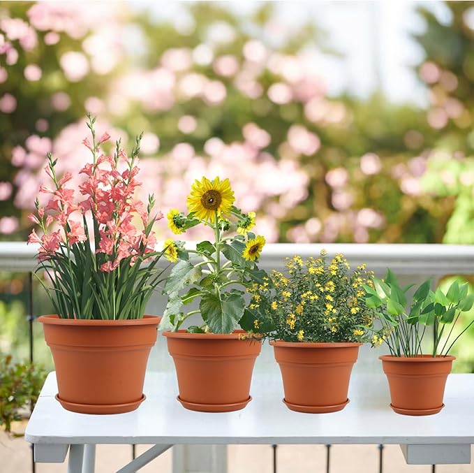 Pottiffe 10 Inch Plastic-Flower-Pot-for-Indoor-Plants, 4 Pack Large Outdoor Planter Pot with Drainage Holes & Saucers, Resin Decorative Garden Pots Planters
