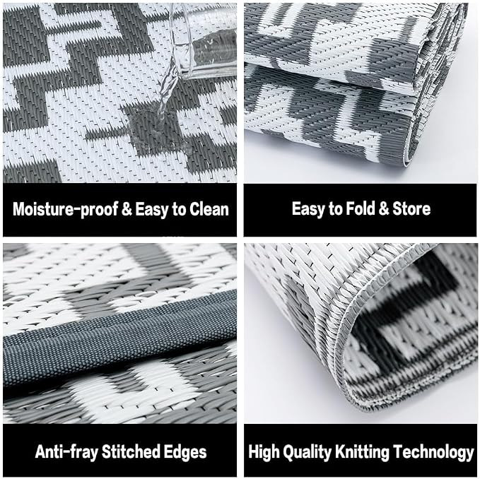 HUGEAR Outdoor Plastic Straw Rug, Waterproof Outdoor Rugs for Patios Clearance, Reversible Area Rug, Large Outside Carpet for Camping, Balcony, RV, Deck, 8x10ft Geometric/Gray&White