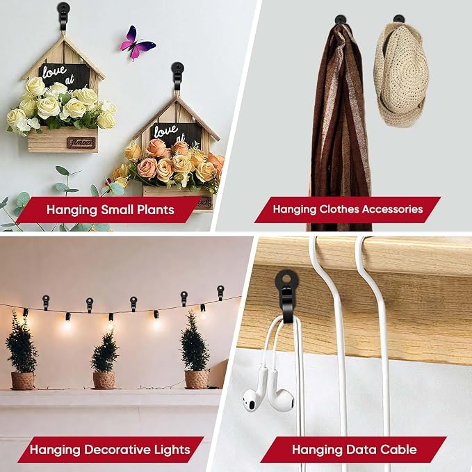 60 Pack String Lights Hooks, Stainless Steel Outdoor String Lights Hanger Clips with Screw & Adhesive Strips, Christmas Light Clips for Outside Holiday Decor, Fairy Led Lights Plants Wind Chimes Black